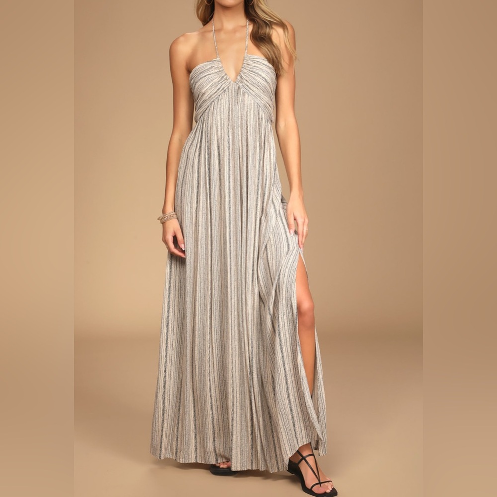 Lulus Stroll the Sand Beige Stripe Sleeveless Halter Maxi Dress Womens Small